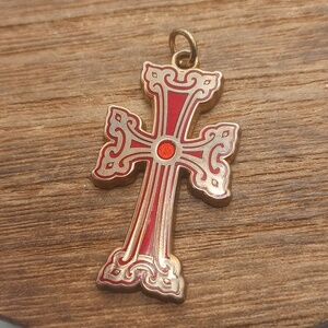 Gold Tone Red ♥️ Cross Pendant P243